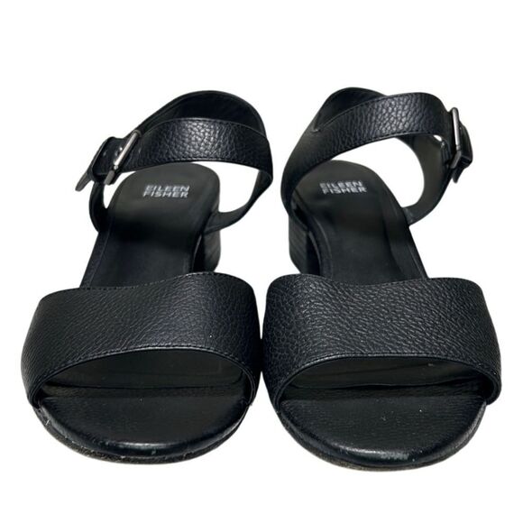 Eileen Fisher - Block Heeled Sandals, Strappy, Pebbled Leather - Size 8, Black - Picture 5 of 14